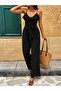 Women's Black Rope Strap V Ruffle Collar Long Sandy Jumpsuit with Belted Waist - 2