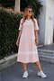 Women's Pink Crew Neck Short Sleeve Stripe Detailed Relaxed Fit Cotton Midi Casual Dress - 5