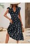 Women's Short Sleeve Double Breasted Collared Elastic Waist Floral Print Dress - 3