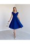 Women's Saks Blue Double Breasted Collar Short Sleeve Flounce Crepe Dress