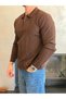 Men's Relaxed Fit Zippered Textured Polo Sweater Bitter Brown Eca095 - 3
