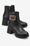 Double Square Buckle Blunt Toe Heeled Boots Black Leather