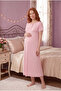 Women's Light Pink Short-Sleeved Lace Bow Detailed Buttoned Long Nightgown with Pockets 2-Piece Maternity Pajama Set - 4