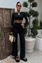 Women's Black Openwork Long Sleeve Lace-Up Crop Blouse and Wide Leg Pants Two Piece Set - 6