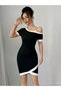Women's Black One-Shoulder Buckle Detailed White Piping Short Sleeve Slim Fit Mini Dress - 3