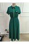 Women's Green Zippered Shirt Collar Short Sleeve Elastic Waist Pocketed Midi Dress - 4