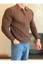 Men's Relaxed Fit Zippered Textured Polo Sweater Bitter Brown Eca095 - 2