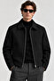 Men's Black Zippered Classic Collar Regular Fit Stylish Casual Cashmere Jacket
