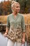 Italian Khaki Court Collar Long Sleeve Leopard Patterned Half Placket Pocketed Linen Look Woven Blouse 75 60
