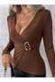 Women's Trendy Body-Hugging Stretchy Fabric Long-Sleeved Double-Breasted Collared Side-Buckle Cool Blouse - 2