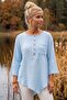Baby Blue Pool Collar 3/4 Sleeve Half Placket Pocket Casual Muslin Asymmetrical Woven Blouse 70 65