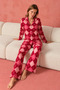 Women's Long Sleeve Cotton Casual Red Pajama Set - 4