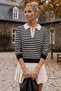Beige Polo Collar Cuffed Sleeves Striped Half Placket Buttoned Hem Lycra Knitted Sweater 62 60 - 3