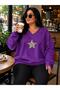 3 Yarn Combed Cotton Plus Size Star Printed V-Neck Sweatshirt Aow2