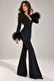 Black Feather Detailed Spanish Flare Women's Jumpsuit - 3