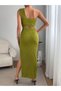 Women's Green One-Shoulder Twisted Crop Top + High-Waisted Ribbed Slit Skirt Set. - 4
