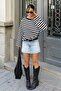 Women's Black Striped Off-Shoulder Oversize Blouse - 6