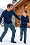 Men's Indigo Blue Plaid and Square Pattern Long Sleeve Father-Son Thermal Soft Fabric Winter Warm Pajama Set