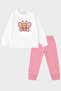 Girls' Butterfly Printed Pink Pajama Set Long Sleeve Crew Neck Cotton