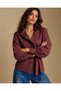 Women's Burgundy Plaid Shirt Ruffled Waist Belted Long Sleeve Shirt Blouse - 6
