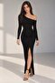 Lycra Fabric Drape Detailed Slit Low-Cut Long Dress