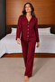 Women's Patterned Buttoned Shirt Collar Red Pajama Set - 2