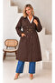 Women's Plus Size Double Breasted Collar Bondit Fabric Belt Detailed Lined Oversize Trench Coat Jacket 29011