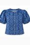 Women's Blue Jacquard Patterned Balloon Sleeve Denim Blouse Jacket - 6