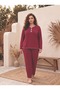 Women's Plus Size Collar Bow Detailed Long Sleeve Viscose Fabric Mother Burgundy Pajama Set