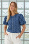 Women's Blue Jacquard Patterned Balloon Sleeve Denim Blouse Jacket - 2