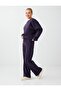 Purple Elastic Waist Wide Leg Straight Cut Modal Trousers - 4