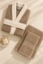 3 Piece Women's Kimono Bathrobe Set 100% Cotton Certified Contrast Striped Women's Bathrobe Set - Beige - 2