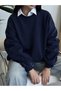 Women's Oversize Basic Crew Neck Sweatshirt Navy Blue – 3 Thread Ribbed Fleece - 2