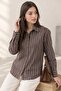 Women's Brown Blue Striped Oversized Shirt - Striped Long Sleeve Cotton Relaxed Fit Poplin Shirt - 3