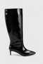 Women's Black Patent Leather Pointed Toe Thin Short Heel Below the Knee Boots