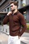 Brown Stand Collar Half Zipper Striped Men's Knitwear Sweater E7535 - 4