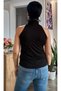 Black Front-Collar Drawstring Two-Shoulder Open Lightweight Draped Turtleneck Combed Viscose T-Shirt - 4