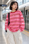 Women's Striped Oversize Long Sleeve T-Shirt with Crew Neck - 5