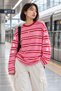 Women's Striped Oversize Long Sleeve T-Shirt with Crew Neck - 7