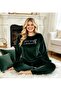 Plus Size Dark Green Velvet Women's Pajama Set Soft Comfortable Stylish Crew Neck (3Xl-4Xl-5Xl Sizes) - 3
