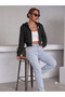 Women's Black Hooded Zippered Oversize 3 Thread Raised Crop Cardigan - 2
