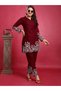 Maroon Slub Cotton Floral Embroidered Kurti Pant Set - LRN10093 | Maroon-Size:3XL-46-Inches - 3