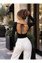 Women's Black Square Neck Backless Flexible Knitted Fabric Bluz