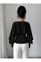 White Women's Blouse with an Elegant Cape Detail, Drawstring Waist Design, and Stylish Silhouette; an Ideal Choice for Everyday Outfits and Special Events. - 2