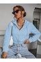 Women's Baby Blue Hooded Zippered Oversize Cut 3 Thread Ribbed Crop Jacket - 4