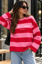 Women's Pink Red Striped Crew Neck Oversize Sweatshirt - 4