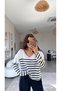 Navy Blue Striped V-Neck Dlv Mercerized Knitwear - 3