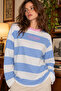Women's 100% Cotton Blue White Striped Oversize Long Sleeve T-Shirt - 5