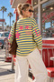 Women's 100% Cotton Yellow Navy Blue Striped Oversize Crew Neck Long Sleeve T-Shirt - 2