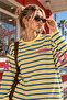Women's 100% Cotton Yellow Navy Blue Striped Oversize Crew Neck Long Sleeve T-Shirt - 5